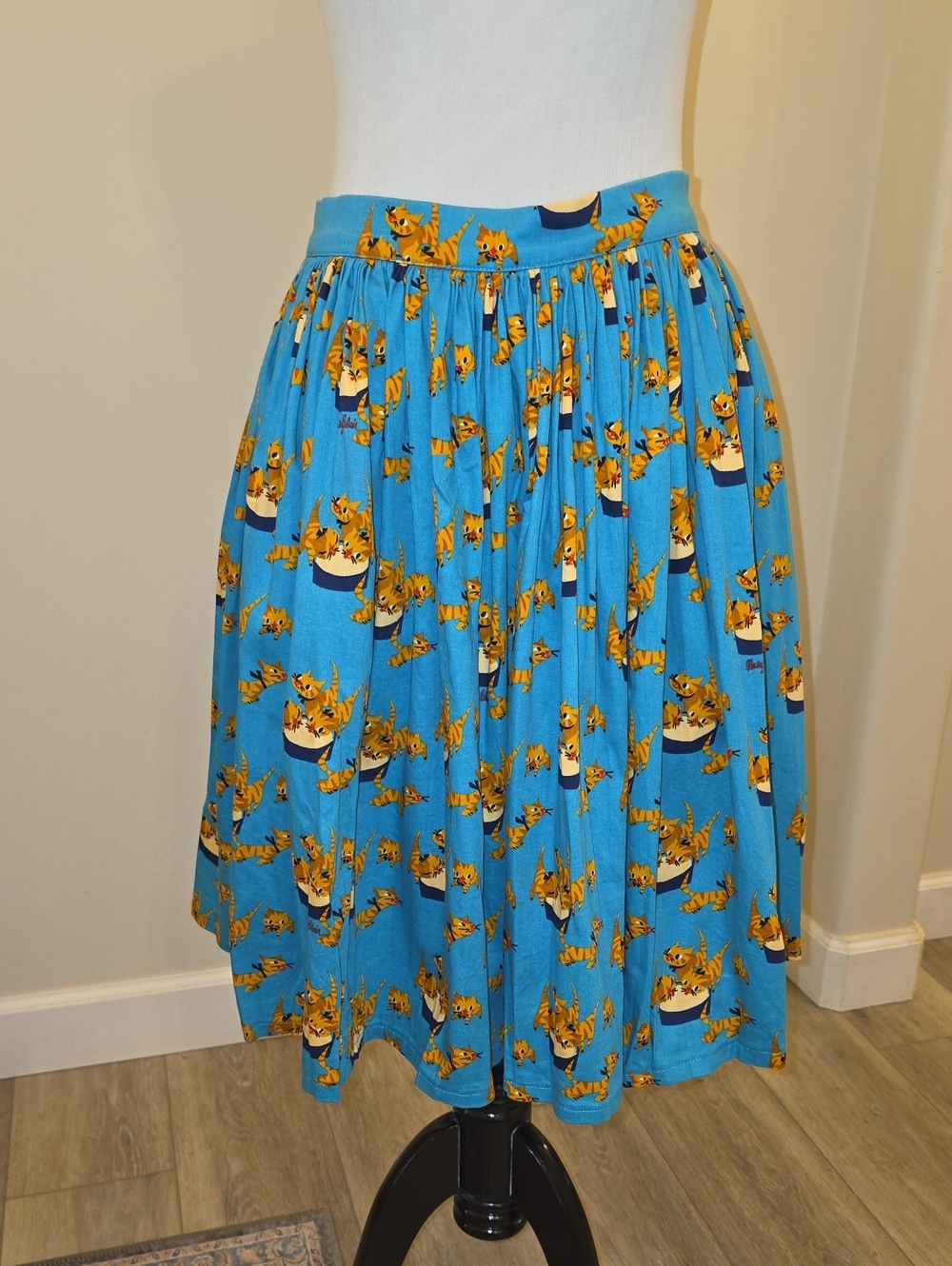 Mary Blair Pinup Couture Bright Blue Cat-Print Gathered Skirt